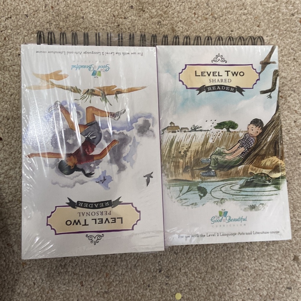 The Good and The Beautiful Level 2 course book, phonics cards and readers.